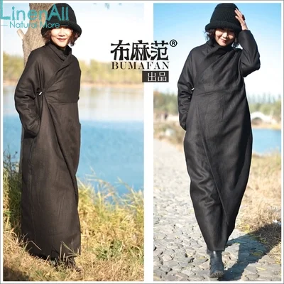 Linen clothing women’s winter black color 100% linen thick cotton-wadded coat down parkas outerwear