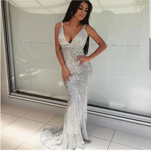 Пикантные серебряные Sequined Maxi Вечерние Платье стрейч пол Длина темно-Блёстки спинки мягкий Bodycon V Средства ухода за кожей Шеи подкладка Платье черного цвета