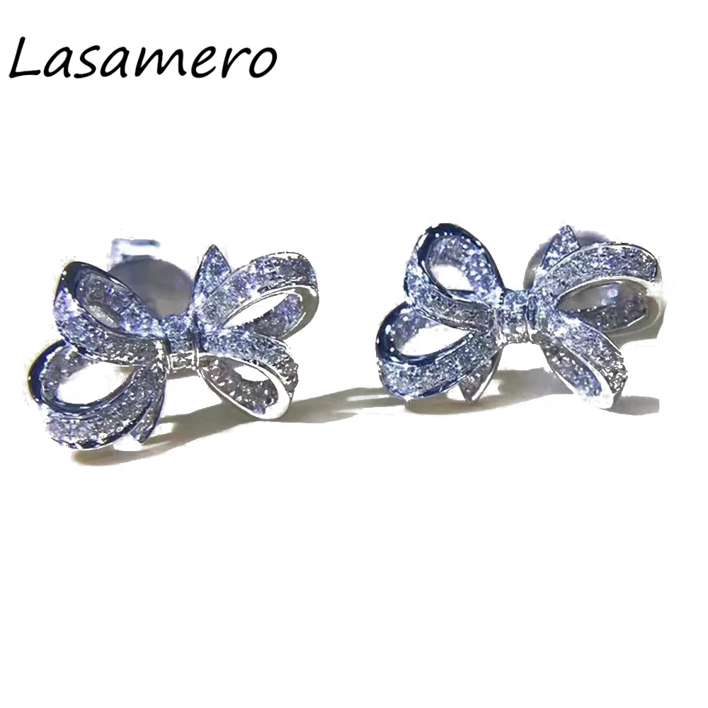 LASAMERO 0,132 CTW цветок натуральный алмаз серьги-бантики 18 К белого золота серьги-гвоздики с бриллиантами ювелирные изделия серьги-шпильки