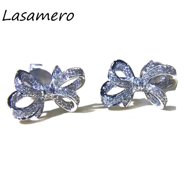 Lasamero 0 132 Ctw Flower Natural Diamond Bow Earrings 18k White Lasamero 0 132 Ctw Flower Natural Diamond Bow Earrings 18k White Gold Stud Fine Jewelry