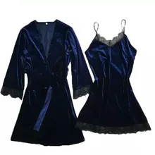 Осенне-зимний женский бархатный халат и платье, комплекты, роскошные кружевные сексуальные женские пижамы с v-образным вырезом, ночная рубашка+ халат, комплект из 2 предметов