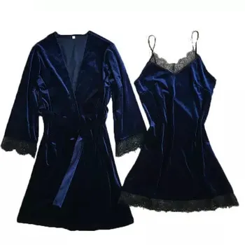 

New Autumn Winter Women Velvet Robe & Gown Sets Luxury Lace Sexy V-neck Female Pajamas Nightwear Nightdress + Bathrobe 2pcs Set