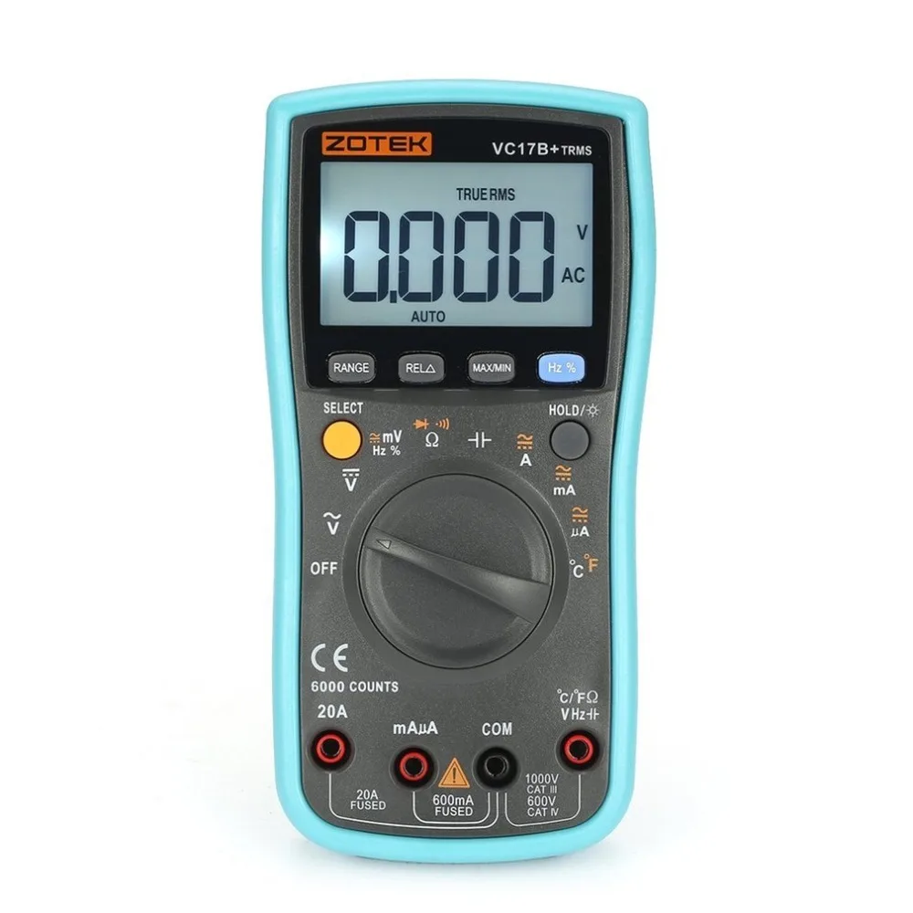 

ZOTEK VC17B+ 6000 Counts True-RMS Digital Multimeter Auto Range AC/DC Voltage Current Meter Ohm Diode Voltmeter with Blacklight