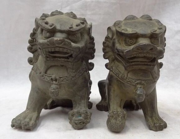 

JP S0610 Chinese Bronze Animals Wealth FengShui Foo Fu Dog Door Lion Ball Statue Pair