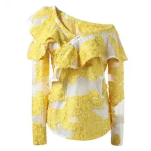 Высококачественная Новинка года; летняя Новинка; Желтая кружевная рубашка без бретелек с оборками; необычная на одно плечо; рубашка на пуговицах