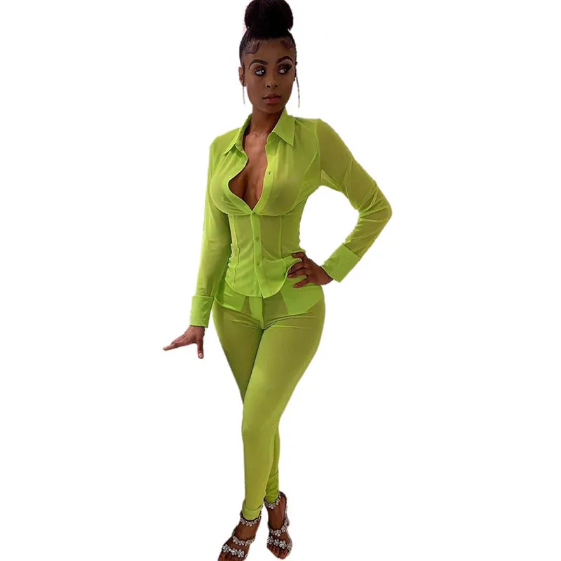 

Sexy Neon Green Two Piece Sets Women Turn Down Collar Button Up Blouses Top and Pant Suits Female Clubwear Matching Set Outfits