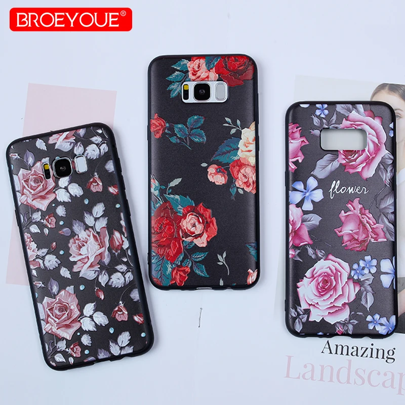 

BROEYOUE Luxury Color Phone Shell For Samsung Galaxy S8 Plus Soft Silicone 3D Relief Retro Flower For Samsung S8 Plus Black Case