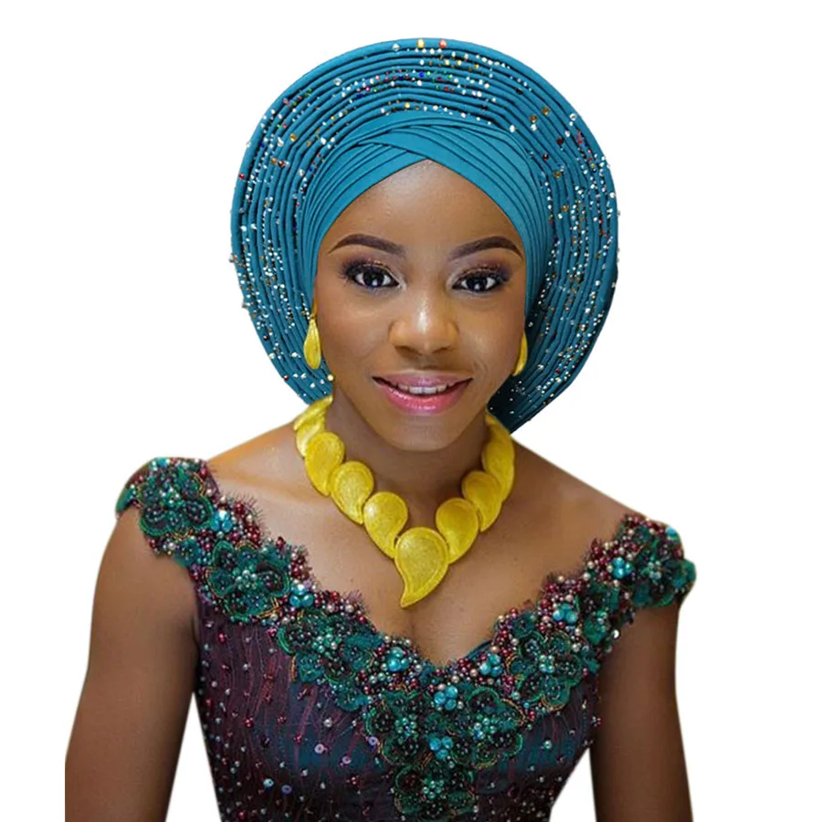 2018 New african aso oke cotton headtie nigerian gele headtie already made auto hele turban cap aso ebi big brim gele  (10)