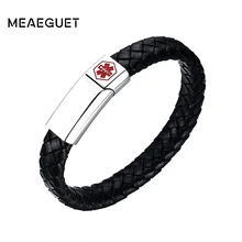 Meaeguet черная оплетка натуральная кожа медицинский оповещение ID браслет с магнитной застежкой браслет из нержавеющей стали для мужчин ювелирные изделия браслет
