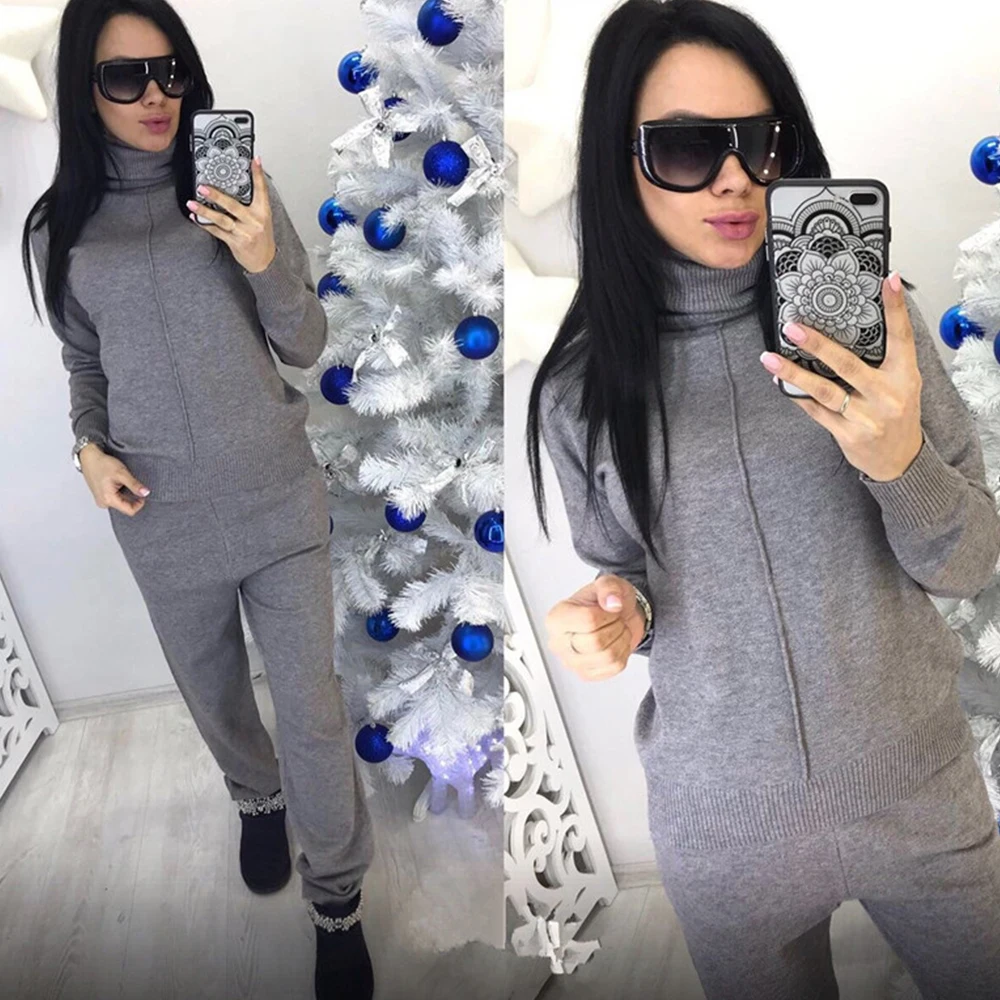 Зимний теплый трикотажный спортивный костюм с высоким воротом женский свитер +