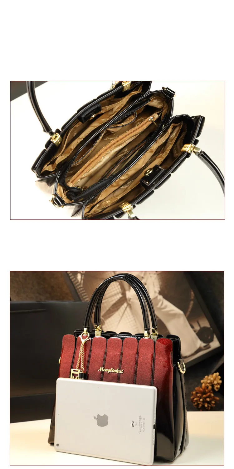 Новые сумки с верхней ручкой для женщин, кожаные сумки, известный бренд, лакированная кожа, клатч, Женская Офисная сумка, Лоскутная сумка-мессенджер