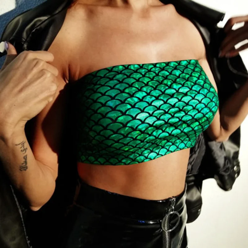 New 2018 Fashion Women Summer Cotton Top Mermaid Sexy Sequined Contrast Colar geometric Green Casual Tube Tops