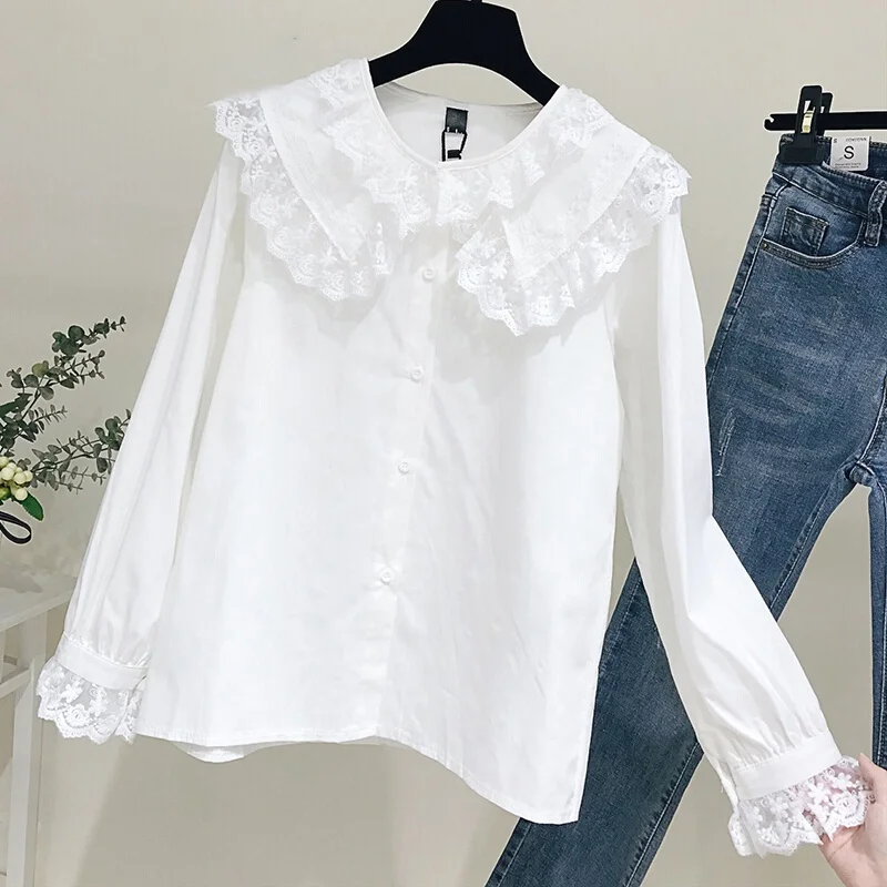 

Lady Collar White Shirt Long Sleeve Shirts Korean Ruffles Women Streetwear Slim Chiffon Blouse Elegant Ladies Tops