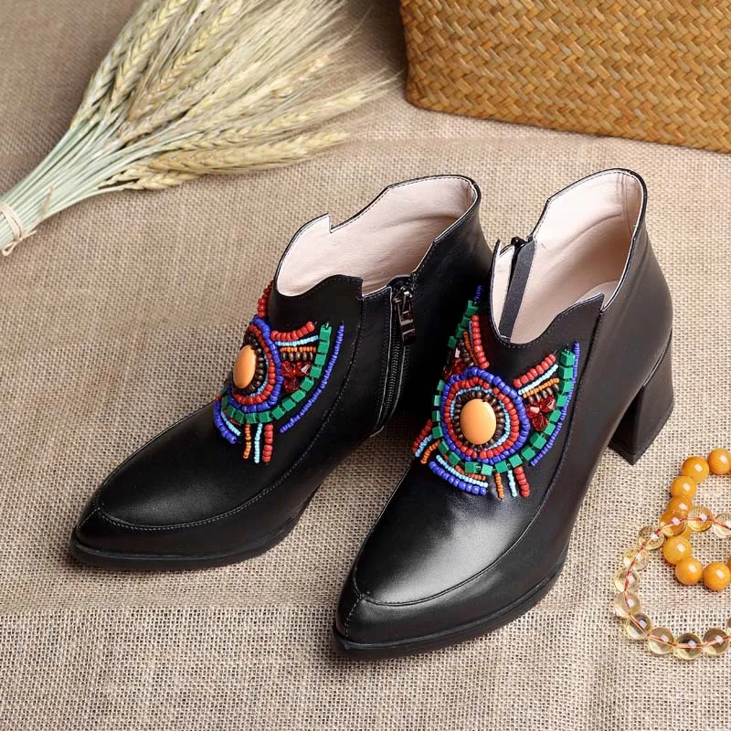 Perles Style Blanc Femmes Chaussures Bottines Talons Hauts Noir Automne blanc Martin Bottes Enmayla Bout Pointu Noir Dames Ethnique De JlK1Fc3Tu5