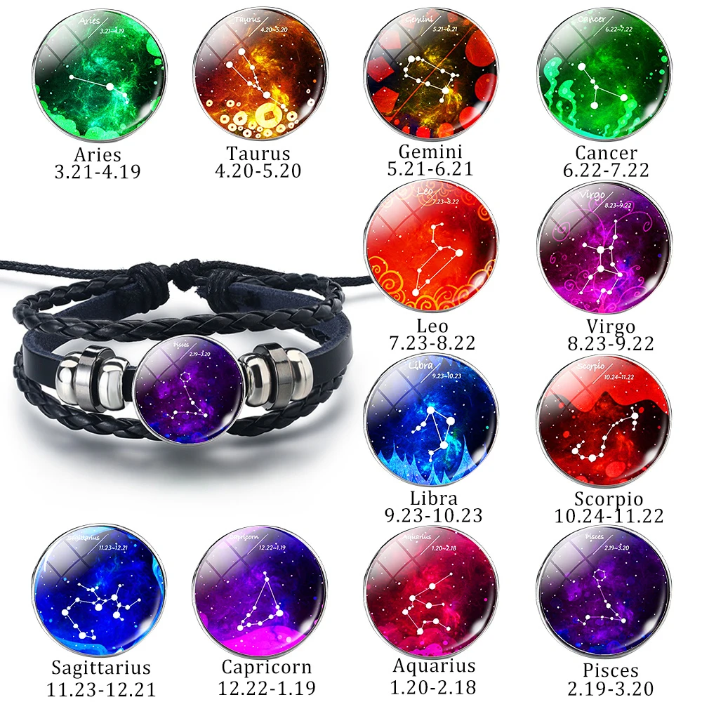 

12 Zodiac Constellations Sign Leo Pisces Libra Leather Bracelets Men Women Glass Dome Black Fashion Braided Charm Couple Jewelry