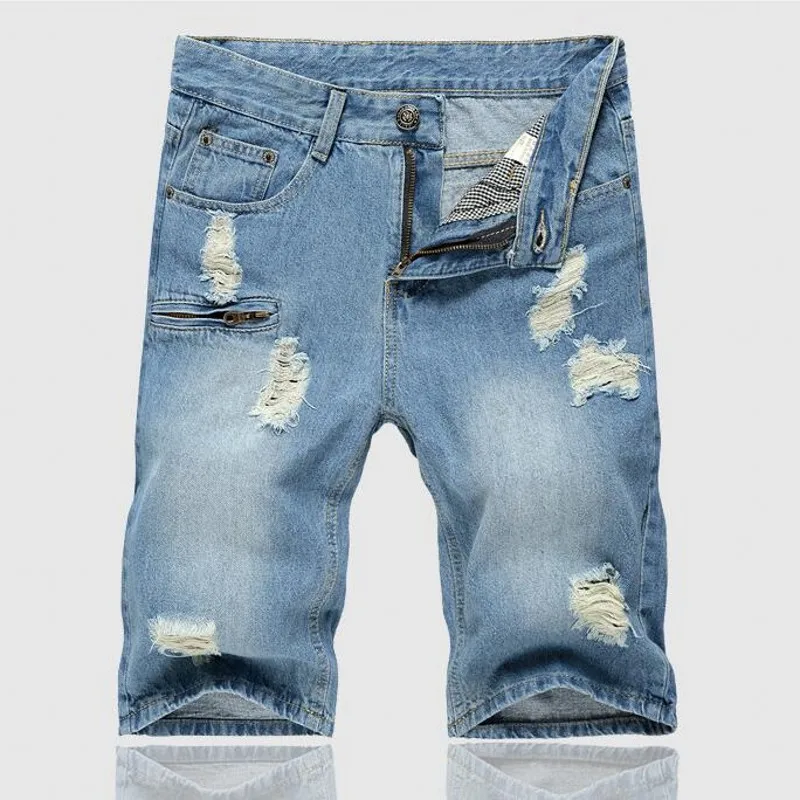 2016 New High Quality Cotton Fashion Casual Slim Straight Hole Ripped Short Jeans For Men Denim