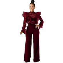 new hot women's jumpsuit lace + ruffled long sleeve wide leg stitching jumpsuit sexy perspective jumpsuit bardot frill trim wide leg jumpsuit