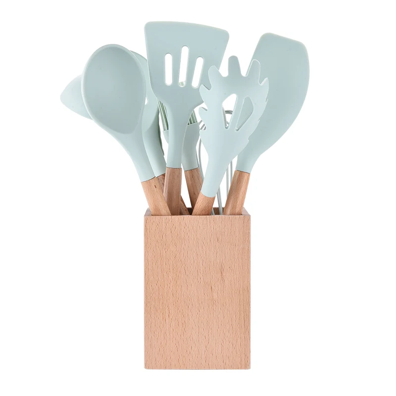 

10pcs Silicone Cooking Utensils for Non-stick Cookware - Wood Kitchen Tool,BPA Free,Silicone Wooden Spatula With Bamboo Bucket