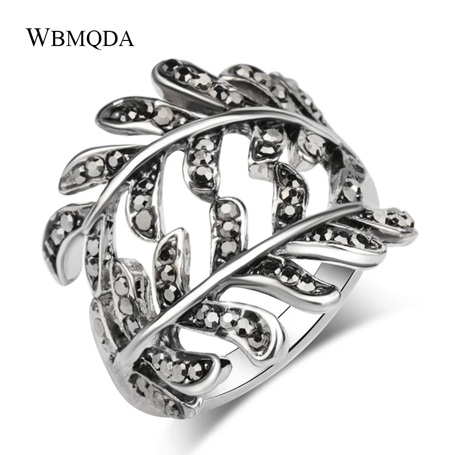 

2018 Fashion Black Crystal Leaves Ring Antique Silver Layered Rings For Women Vintage Jewelry Party Accessories Drop Shipping