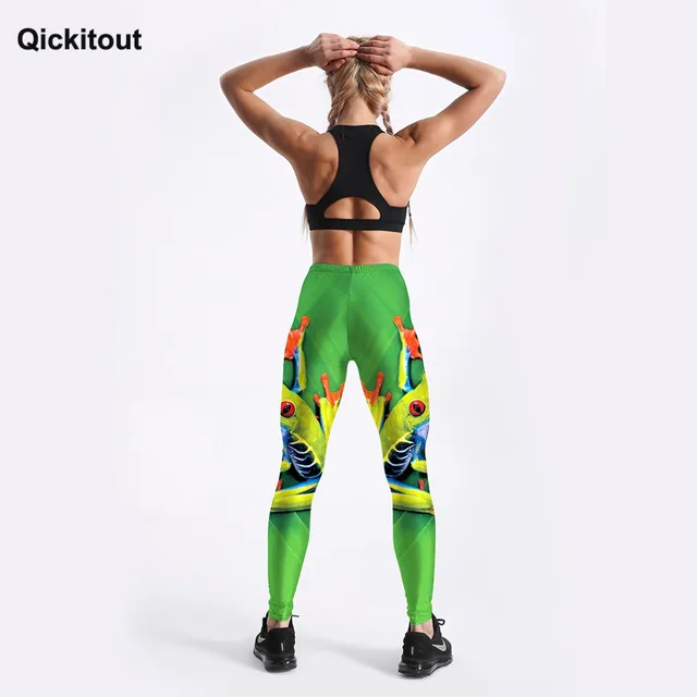 Qickitout New Summer Style Women Leggings Green Frogs Printed Workout Fitness Leggings Elastic Waist Ankle Length Leggings S-4XL טייץ מצויר