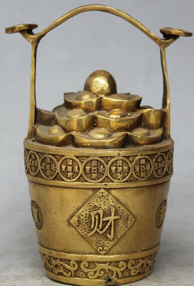 

52@g++6" Chinese Folk Brass FengShui Wealth Rich Money YuanBao RuYi Barrel Bucket statue