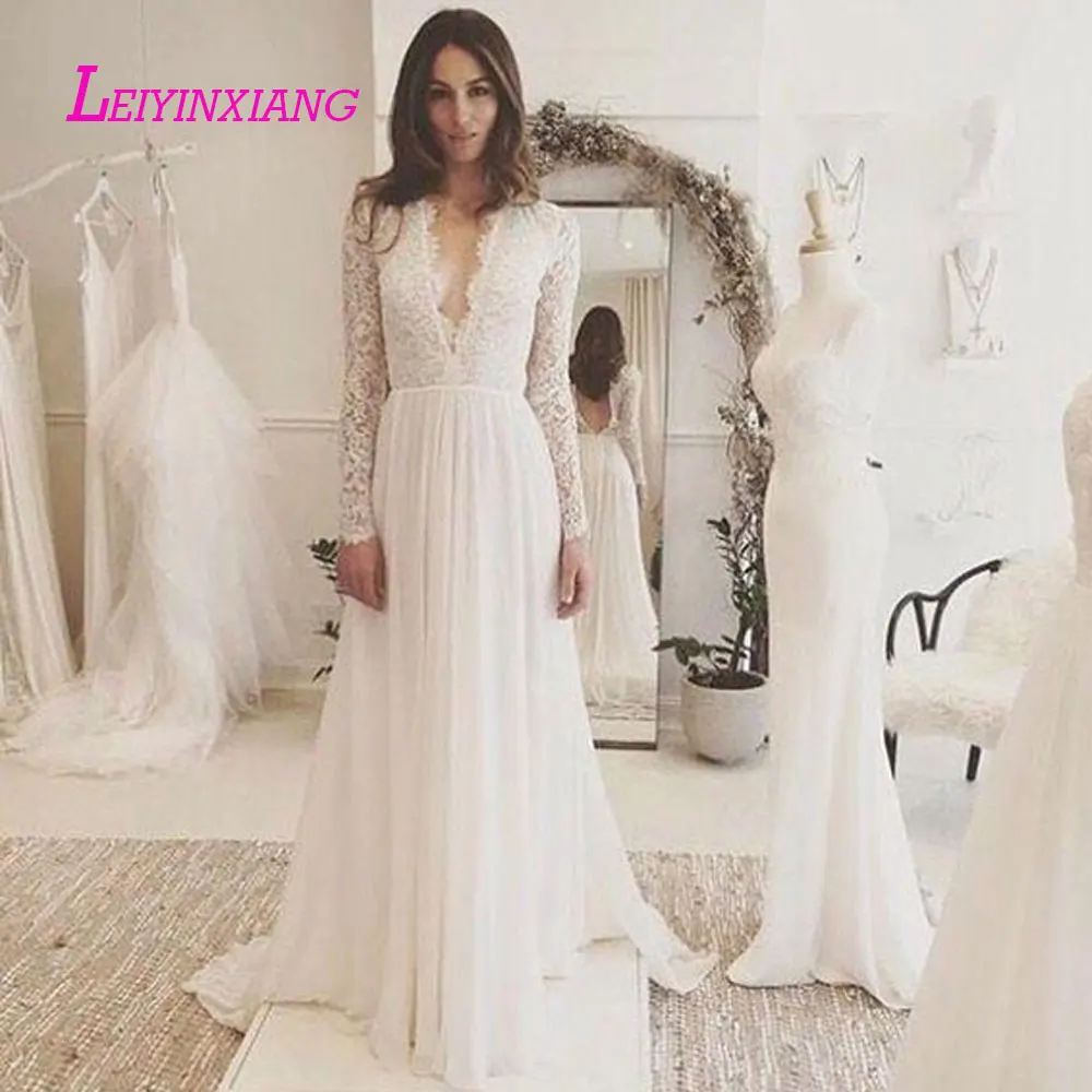 

LEIYINXIANG 2019 Wedding Dress Vestido De Noiva Sereia Robe Sexy A-line Backless Luxury Bride Dress Elegant Applioques V-neck
