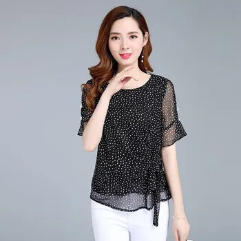 

New Women Casual Slim Waistband Trumpet Sleeves Thin Chiffon Flowers Print Blouse