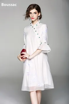 

Free shipping Summer original design Chinese style flower Embroidered big size silky organza cheongsam dress for women