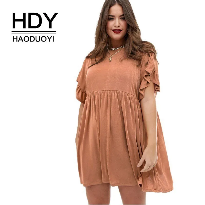 

HDY Haoduoyi 2019 New Women Large Plus Size Dress Solid Color Ruffles Butterfly Sleeve O-neck Empire Summer Midi Dress