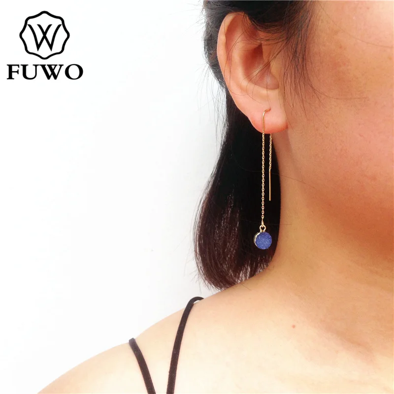 

FUWO Round Druzy Stone Threader Earrings With 24K Gold Filled Minimalist Design Natural Blue Drusy Earrings For Women ER025