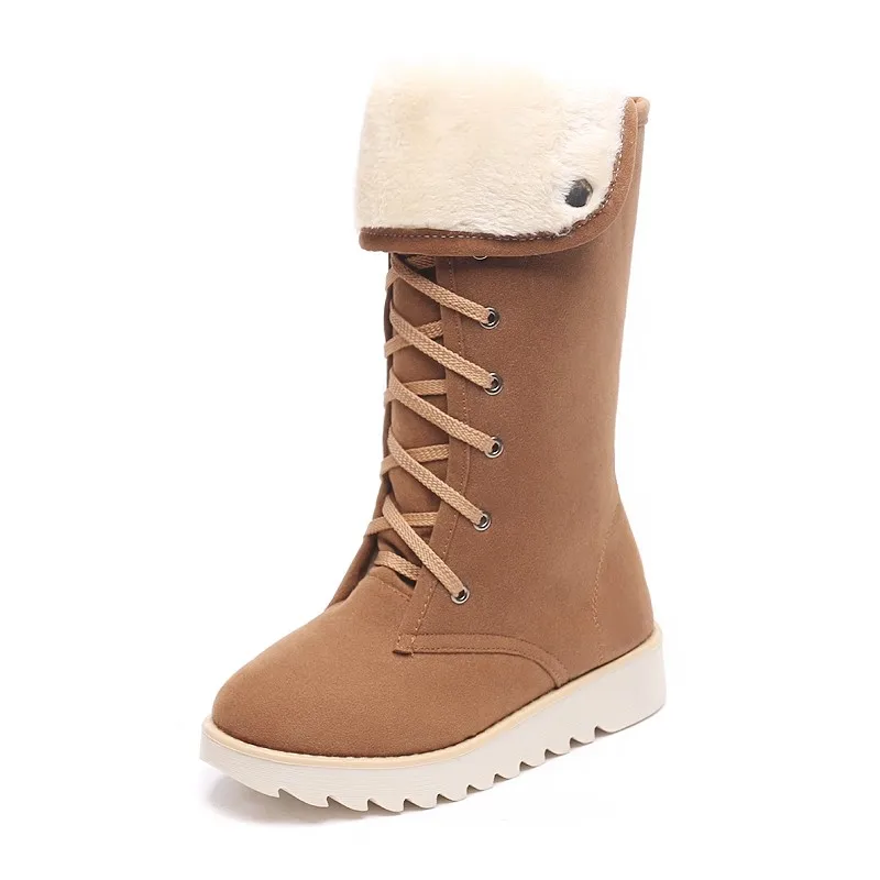 

2016 fashion women winter warm Mid-Calf boots plush Boots lace up nubuck Leather Warm Women Winter Snow Boots Mid Calf Flat Shoe