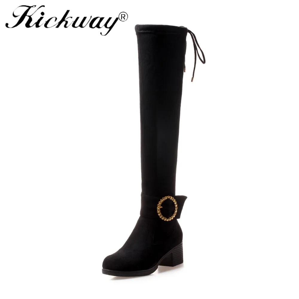 

Kickway 2018 Sexy Lady Thigh High Boot Big Buckle Stretch Woman Over Knee Boot Stilettos High Heels Shoes Women Pointy Boot