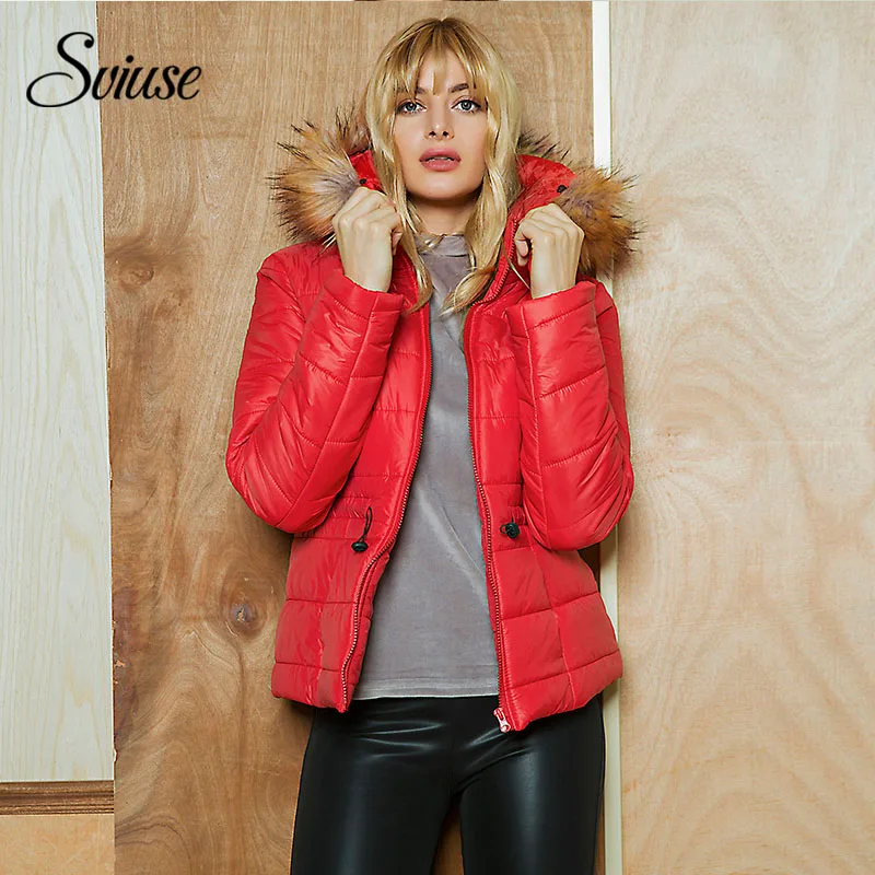 Women Winter Red Warm Coat with Fur Hood Elegant Slim Basic Padded Jacket Female Elegant Casual