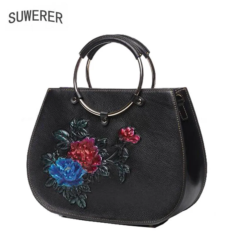 

2019 New women Genuine Leather bags Fashion embossed Color Flowers handbags women bags designer women leather handbags tote bag