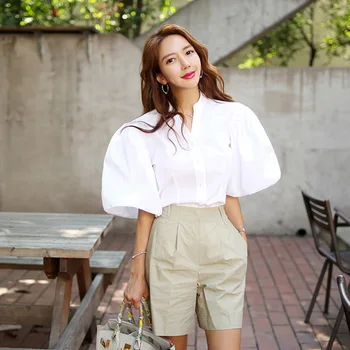 

Women White Long Shirts Shorts Two Piece Sets Lantern Sleeve Blouse + Mini Pant Suits 2019 Summer Fashion OL Clothing Set