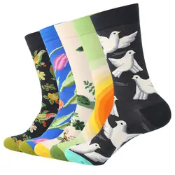 Новинка длинные Экипаж птицы цветы растения искусство Для мужчин носки 5 пар комплект теплой цветные хлопчатобумажные носки для любителей