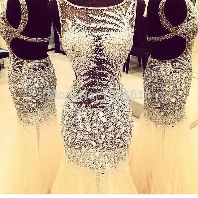 

New Arrival Real Sample Scoop Neck Open Back Full Silver Beaded Sequins Crystals Long Evening Party White Champagne Prom Dress