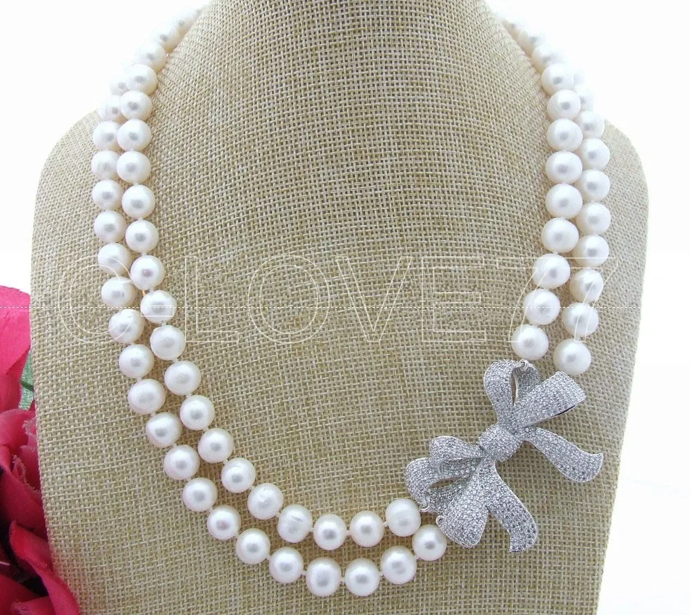 

9-10MM White Pearl&Rhinestone Pendant Necklace