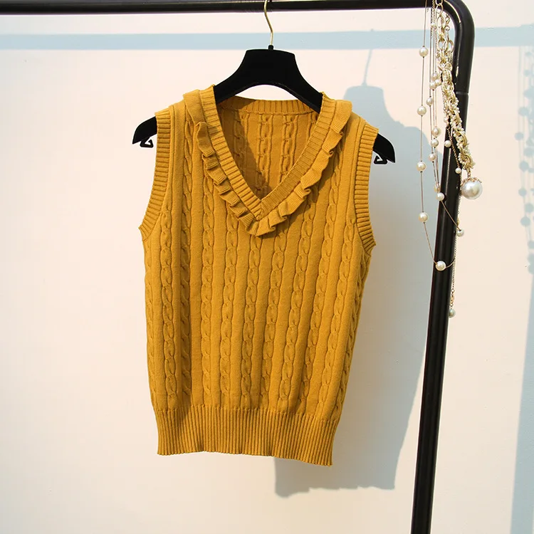 New! High Quality Spring Autumn Cashmere Sweater Vest Women Knitted Ruffles Splice Tank top Female Sleeveless Knit Pullovers 299