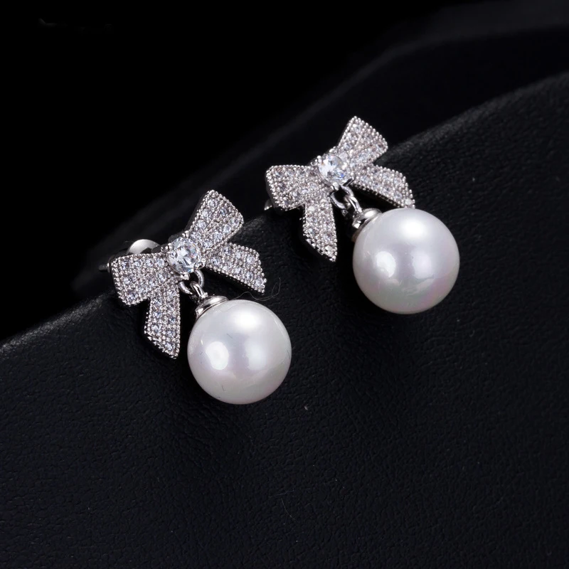 

designer pearl pave pearl stud earrings with bow 925 sterling silver for women