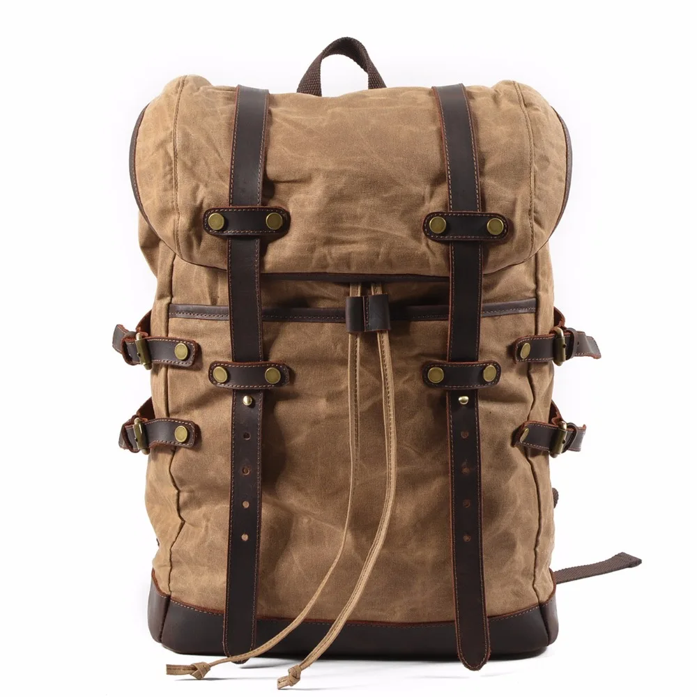 YUPINXUAN 15.6 Laptop Backpack Vintage Large Capacity Oil Wax Waterproof Backpacks Teenager Canvas Leather Drawstring Rucksacks yupinxuan vintage canvas leather backpacks for men 14 laptop daypacks waterproof canvas rucksacks large waxed travel back packs