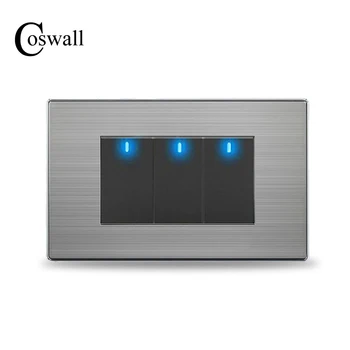 

COSWALL Pass Through 3 Gang 2 Way Light Switch Switched With LED Indicator On / Off Wall Switch Stainless Steel Panel 118* 72mm