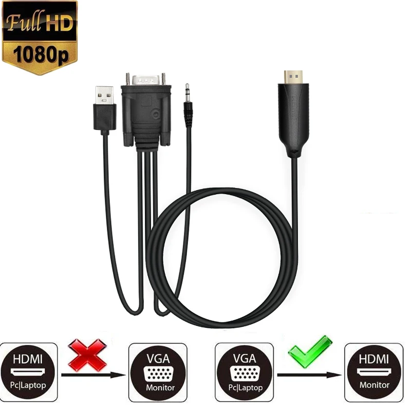 

1.8M VGA to HDMI cable VGA2HDMI Audio Video Adapter with 3.5mm Audio Full HD 1080P for HDTV PC