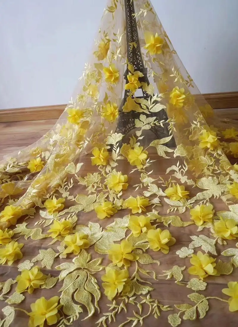 

yellow lace fabric for wedding decoration 2018 high quality african french lace fabric with beads 3d nigerian lace fabrics