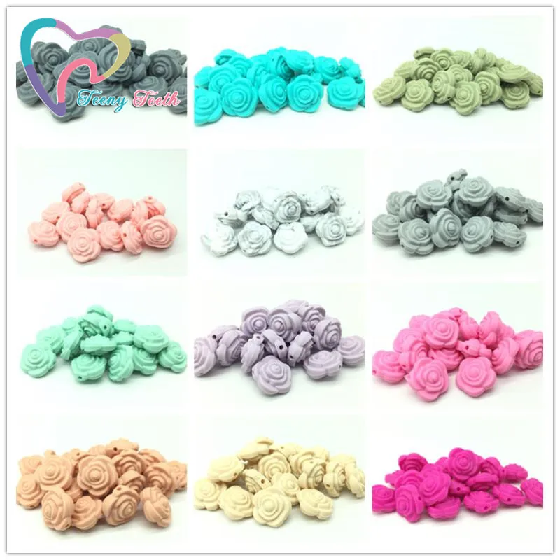 

Teeny Teeth 30PCS 16 Colors Hot Sale 21MM Double-faced Small Rose Flower Silicone Beads Teething Beads For DIY Necklace BPA Free
