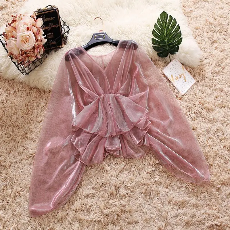 

2019 summer women sheer blouses lady transparent thin tops women sunscreens tops shiny bling shirts tops