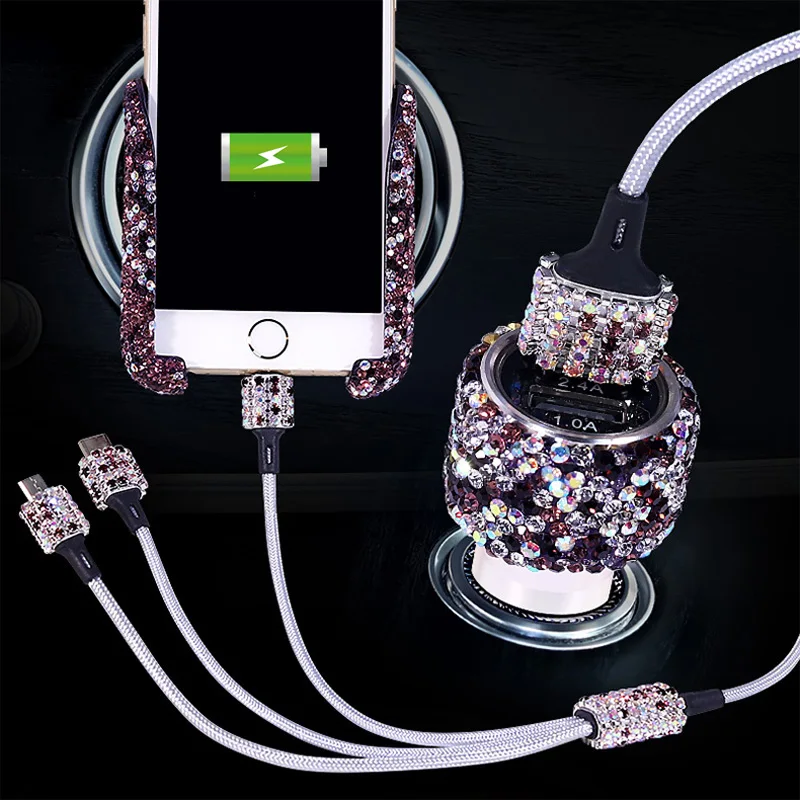 

Universal Car Phone Holder With Bling Crystal Rhinestone Car Air Vent Mount Clip Dual USB Fast Car Charger 3 in 1 Charger Cable