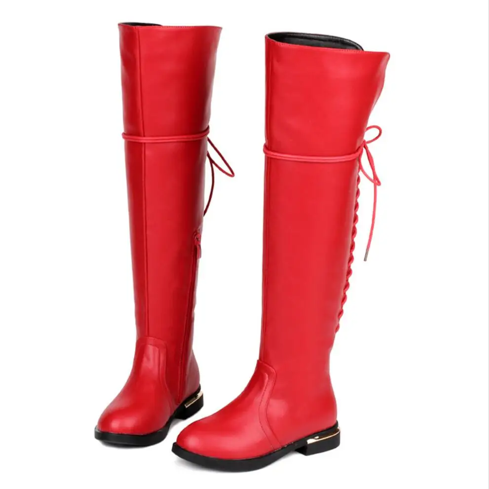 

New 2016 Children Winter Boots Sweet Crystal Kids Winter Snow Boots Round Laced Toe Over-the-Knee PU leather Boots  Girls Shoes