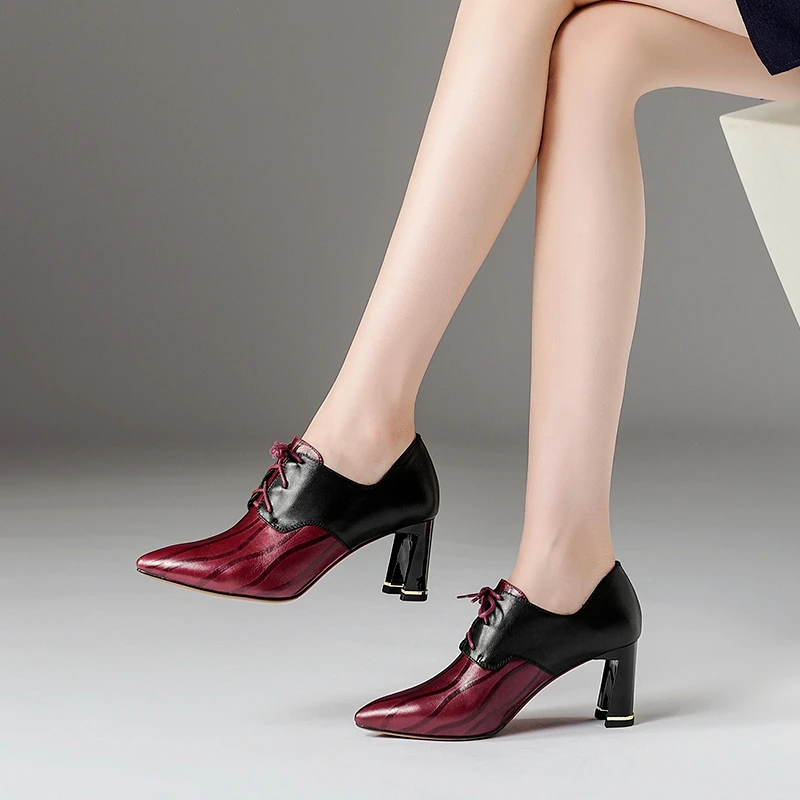 Tacones Mezclados Genuino Cuero Simloveyo Moda Zapatos Colores red Encaje Punta 2019 Superior Mujeres Altos Rojo Calidad Estrecha Black De Las BqwZBgp