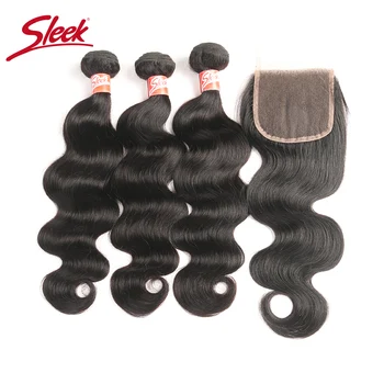 

Sleek Peruvian Hair Bundles With Closure 4X4 Body Wave Bundles With Closure Non Remy Human Hair 3 Bundles With Closure
